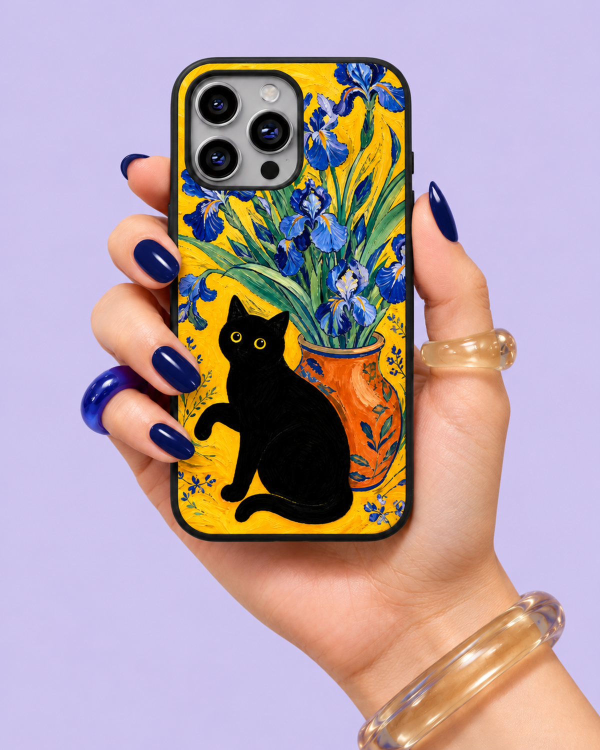 Black Cat Blue Irises Glass Phone Case