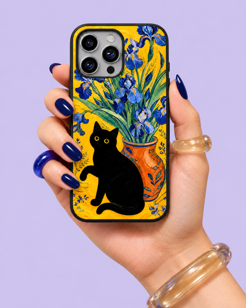 Black Cat Blue Irises Glass Phone Case