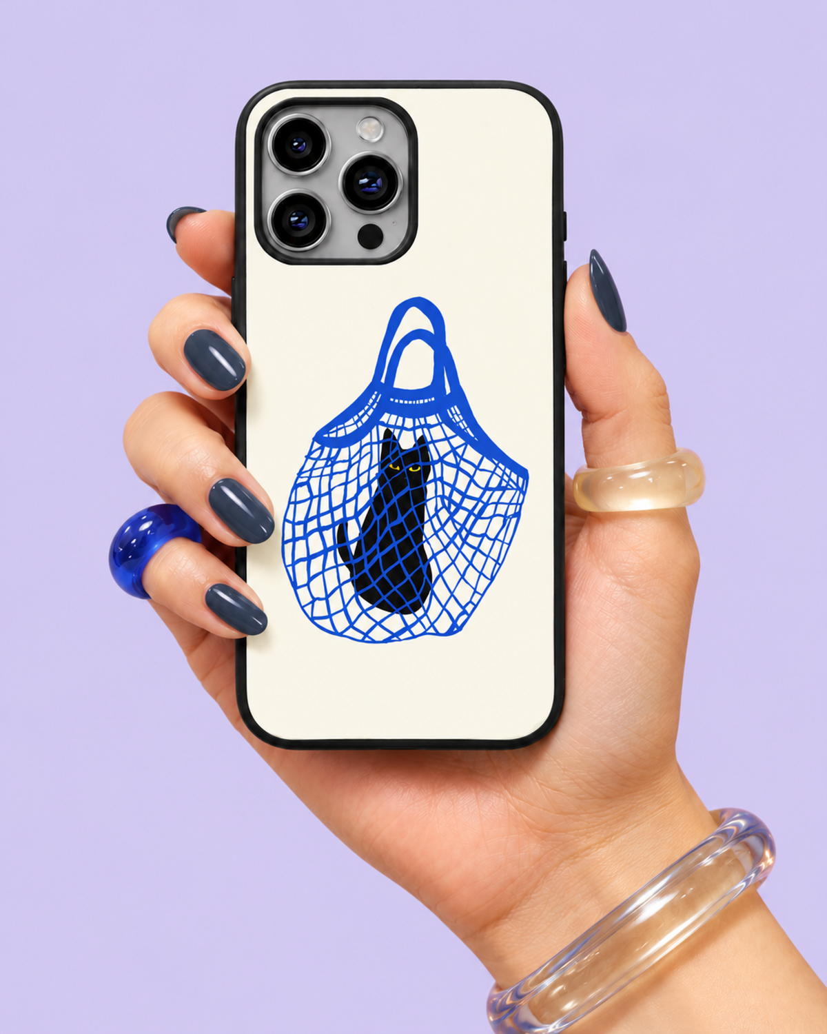 Black Cat Blue Mesh Bag Glass Phone Case