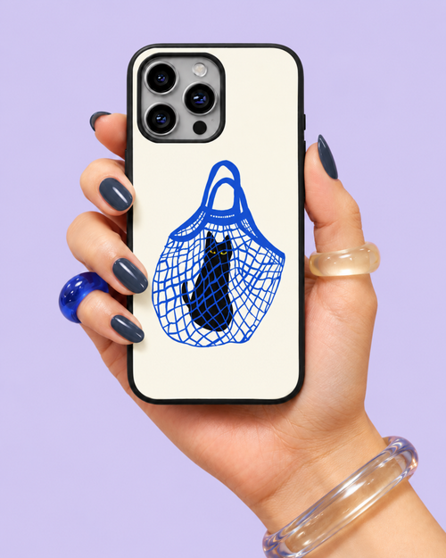 Black Cat Blue Mesh Bag Glass Phone Case