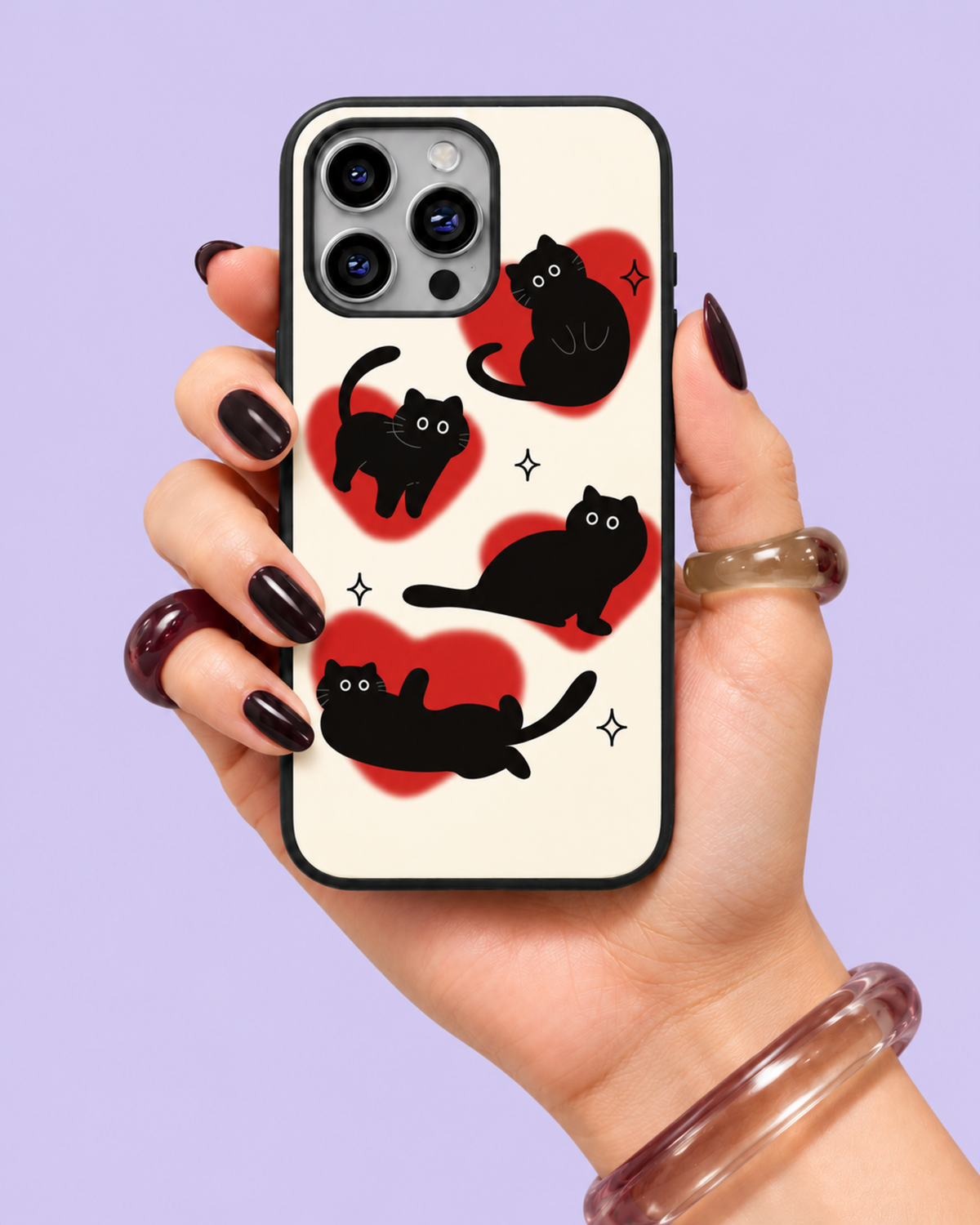 Black Cats Red Hearts Glass Phone Case