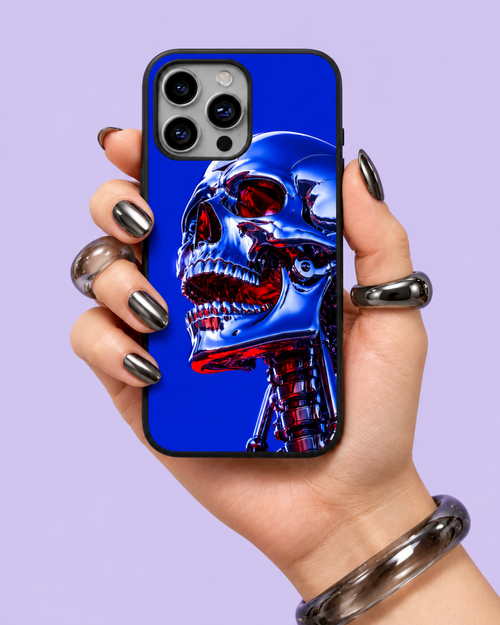 Blue Chrome Skull Glass Phone Case