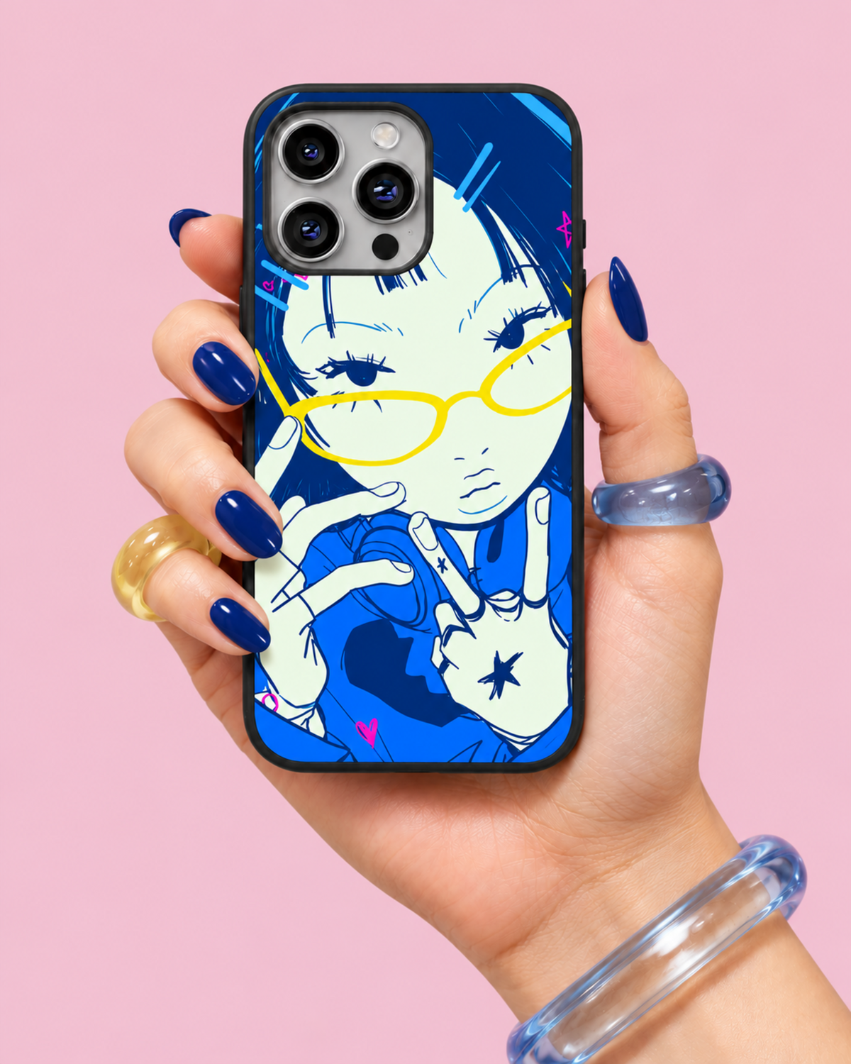 Blue Manga Girl Yellow Glasses Glass Phone Case