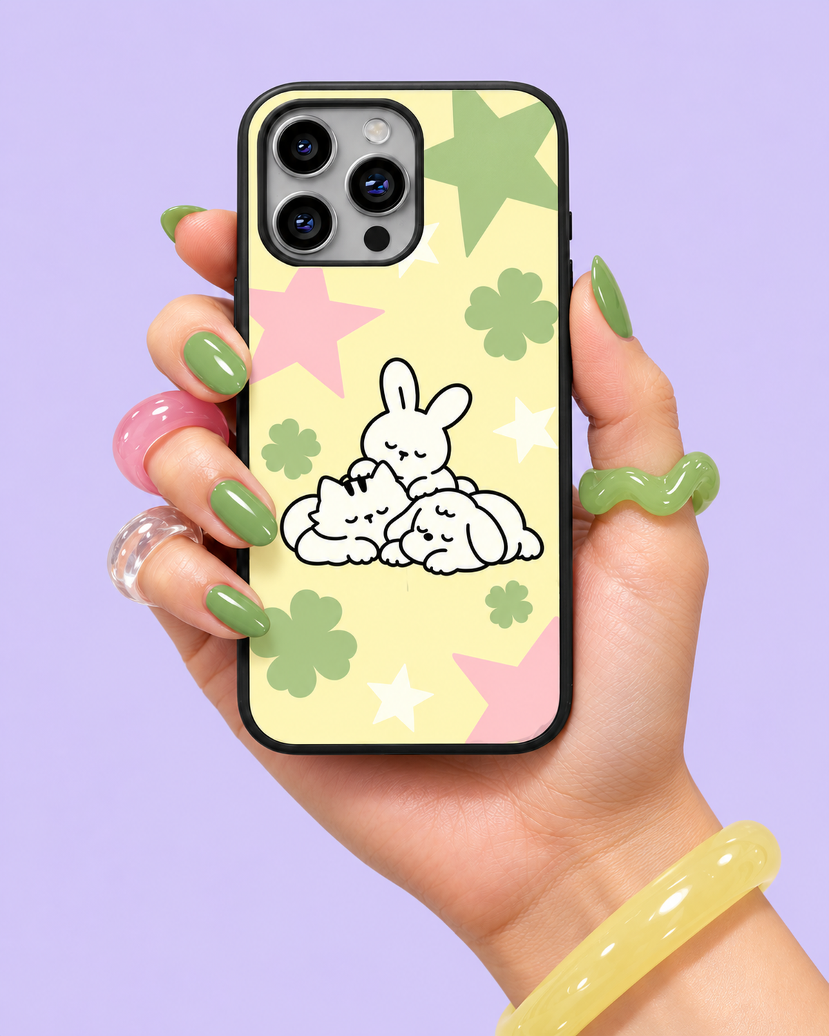 Butter Yellow Bunny, Cat & Dog Cuddle Pile Glass Phone Case