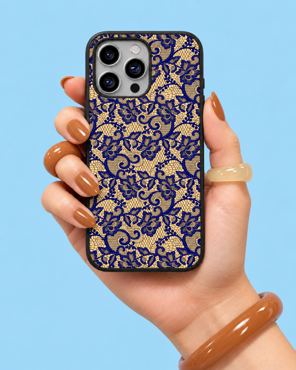 Champagne Beige Navy Lace Glass Phone Case