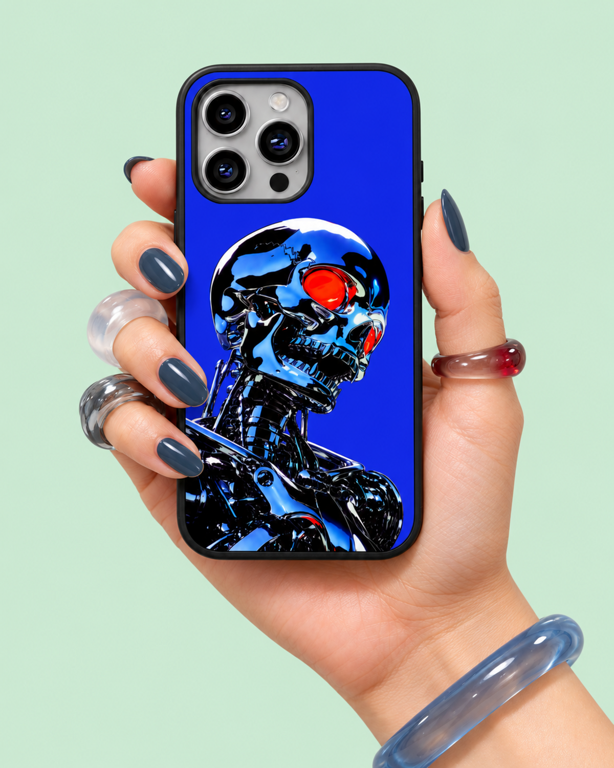 Chrome Cyborg Skull Glass Phone Case