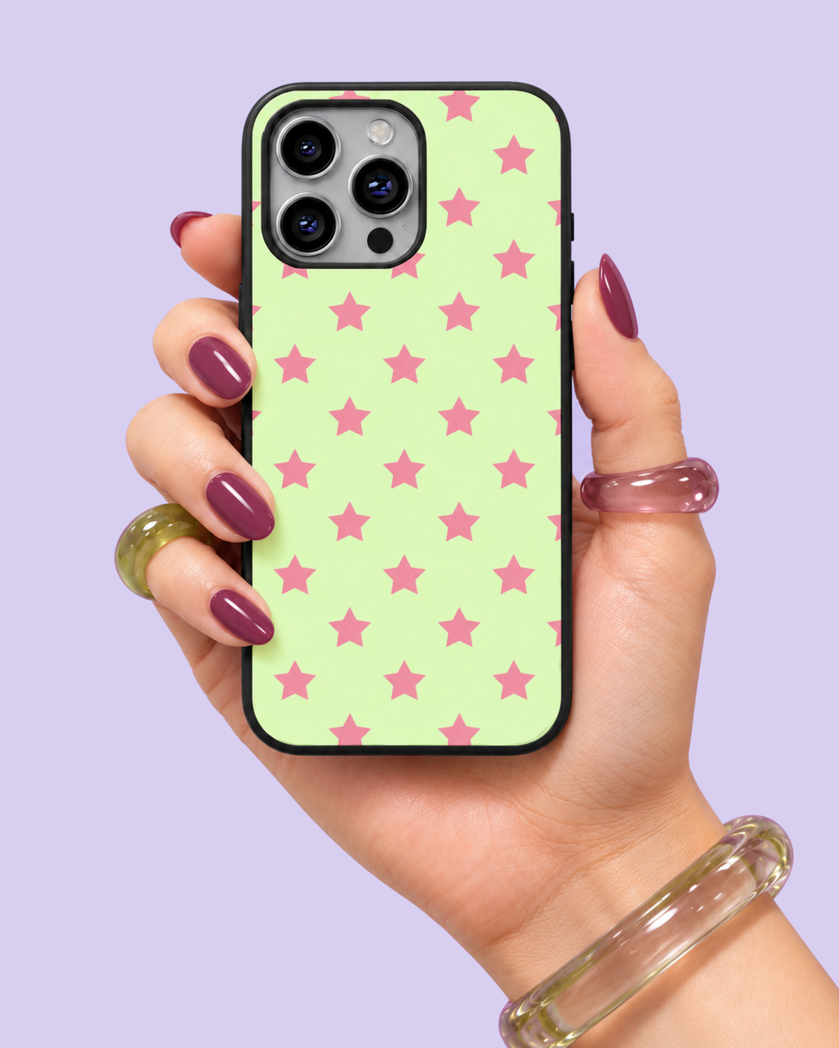 Cream Pink Star Print Glass Phone Case