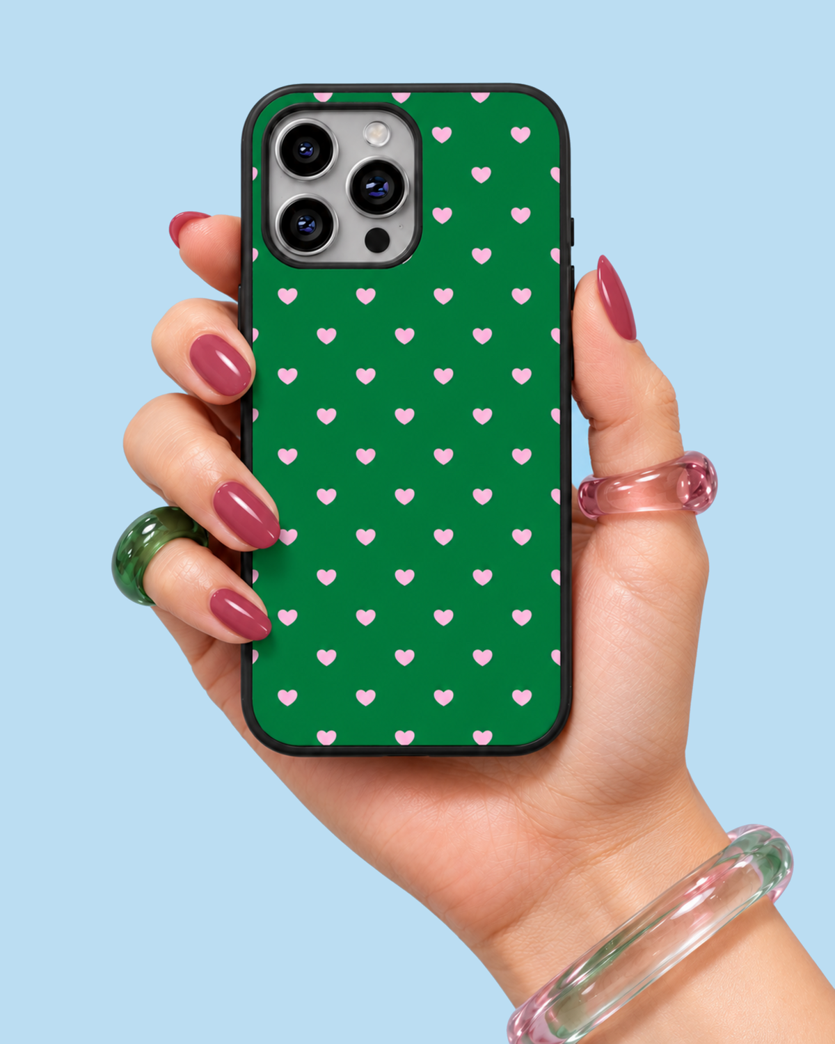 Emerald Green Pink Heart Sprinkles Glass Phone Case