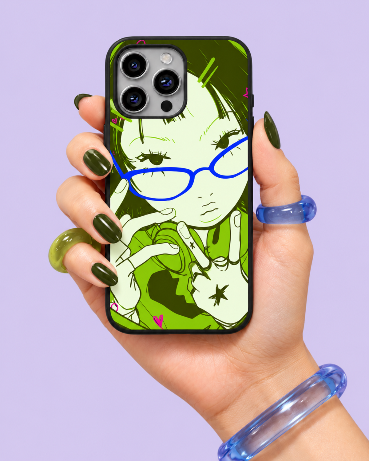 Green Manga Girl Blue Glasses Glass Phone Case