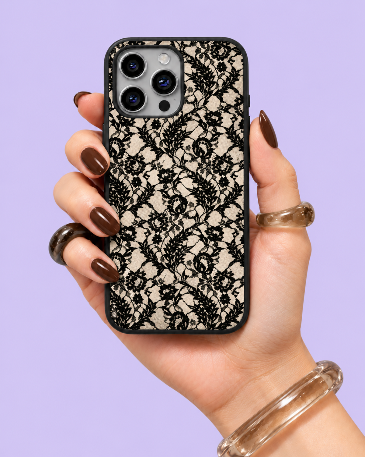 Ivory Black Botanical Lace 2 Glass Phone Case
