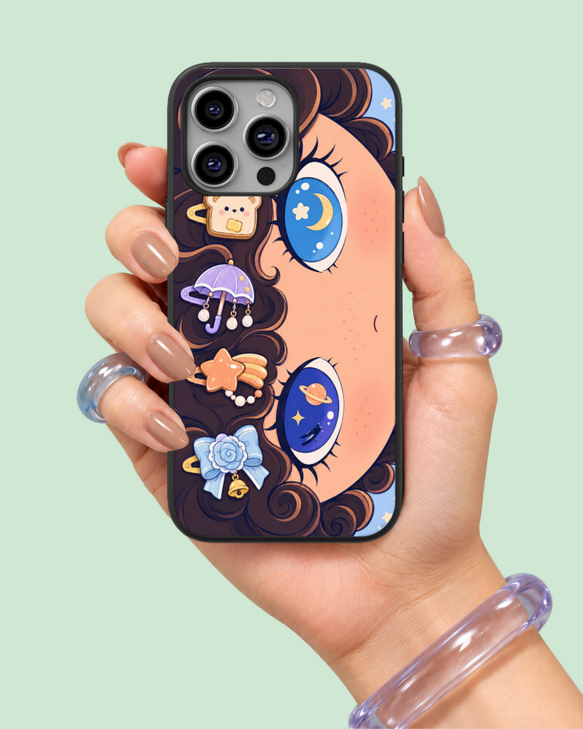 Kawaii Chocolate Brown & Baby Blue Moon Glass Phone Case