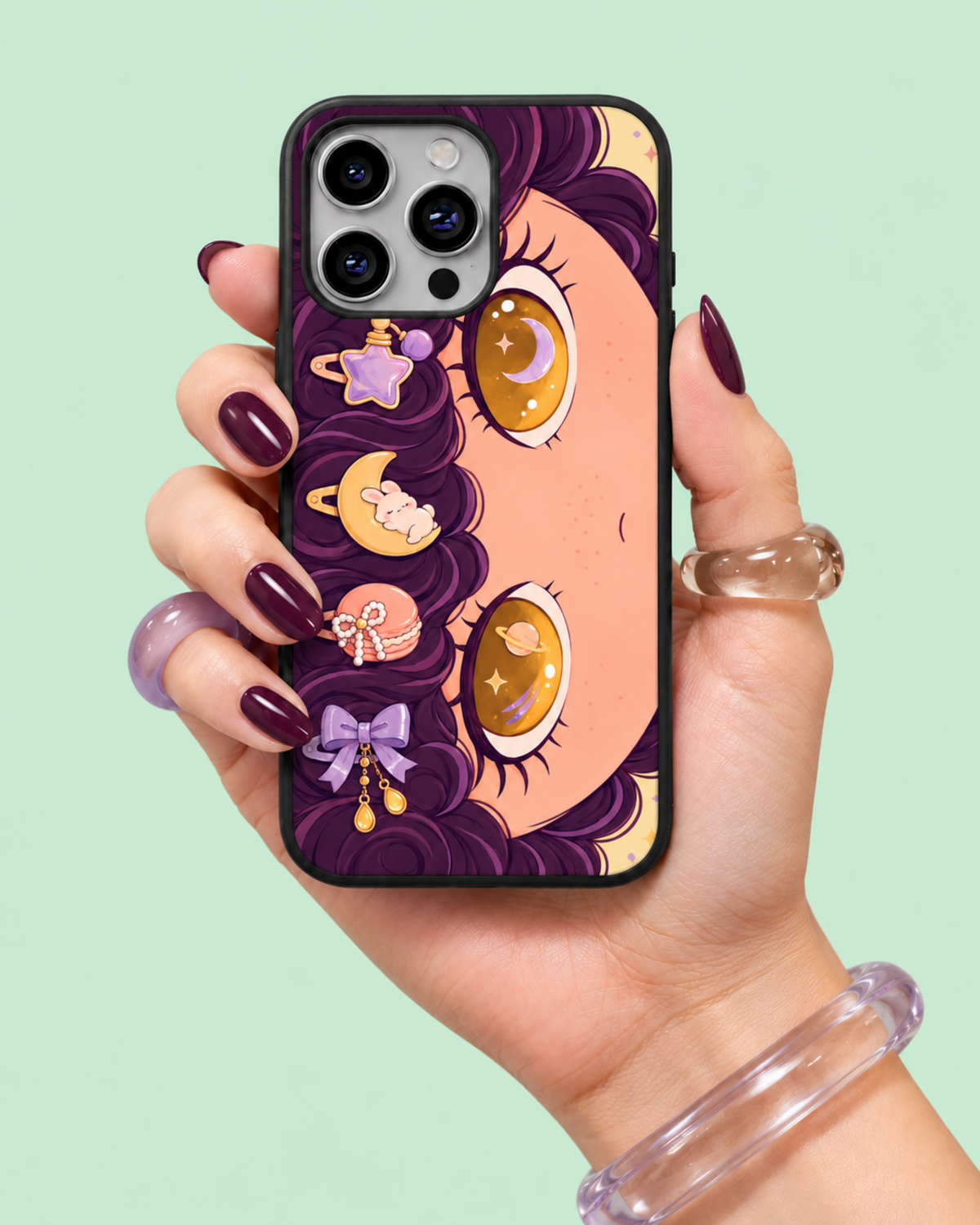 Kawaii Plum Purple & Golden Moon Glass Phone Case