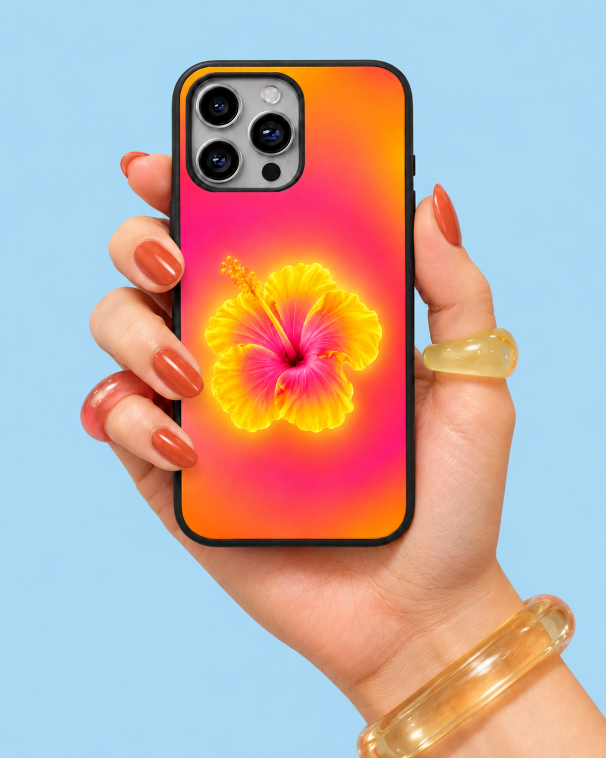 Neon Hibiscus Sunset Glass Phone Case