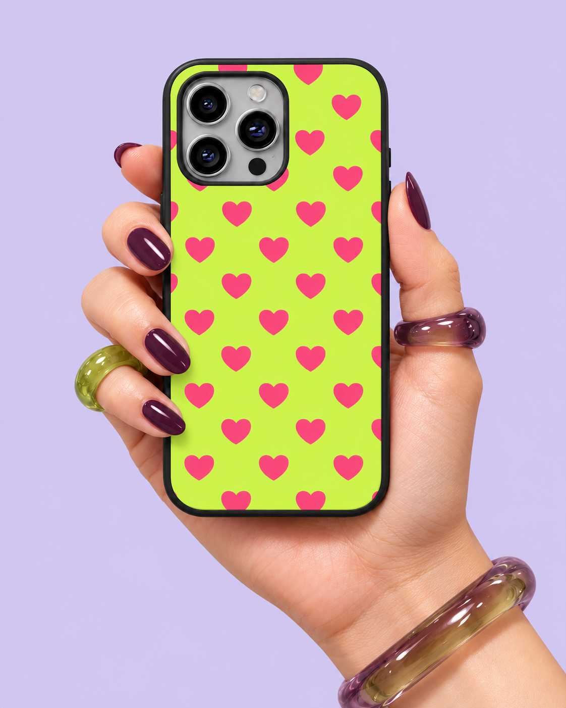 Neon Lime Pink Hearts Glass Phone Case