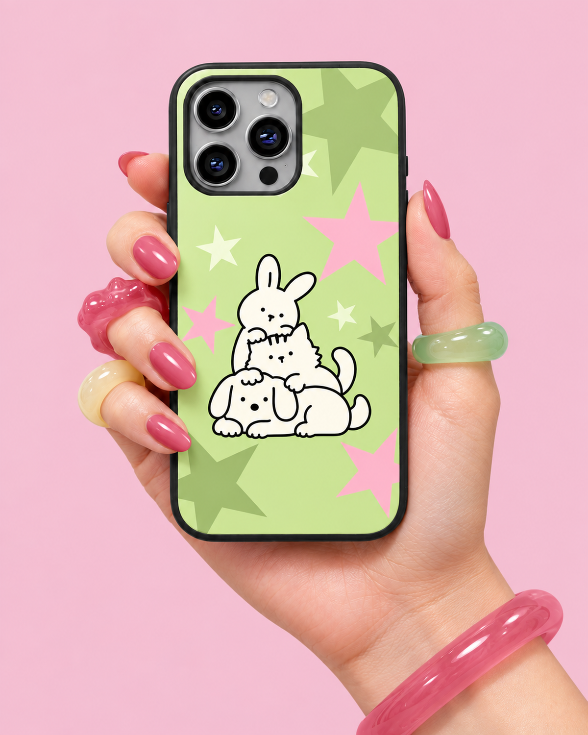 Pastel Green Bunny, Cat & Dog Star Stack Glass Phone Case