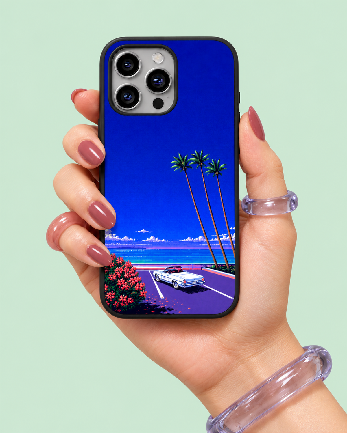 Retro Blue Beach Evening Glass Phone Case