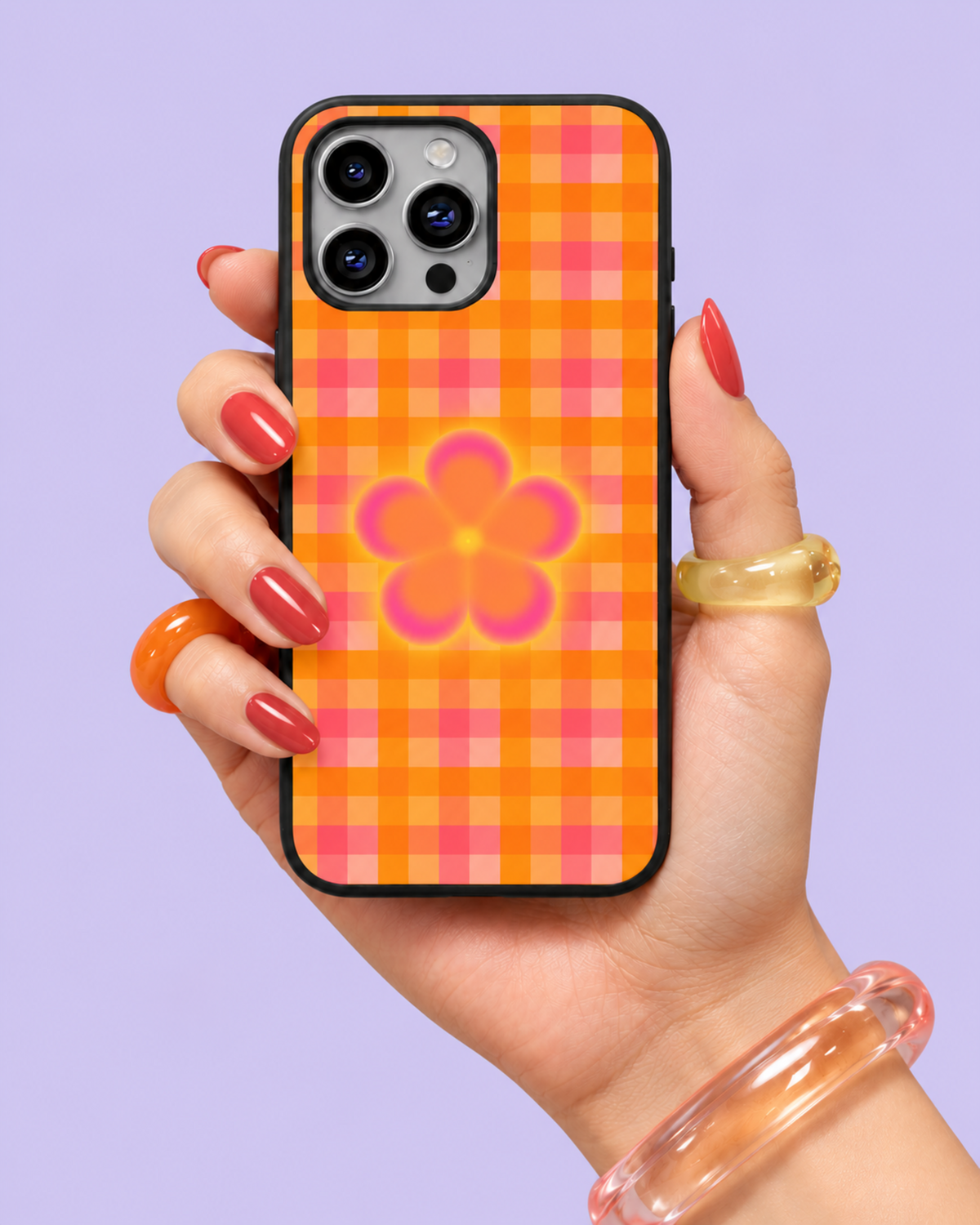 Retro Gingham Flower Glass Phone Case