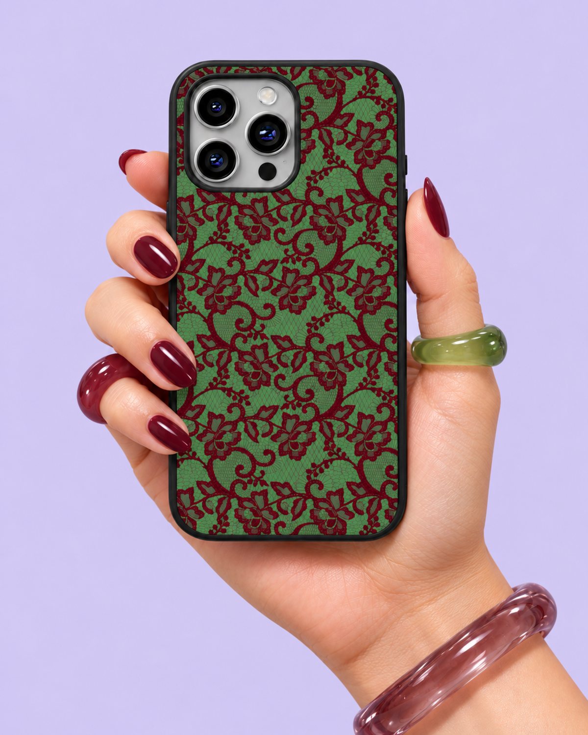 Sage Green Burgundy Lace Glass Phone Case