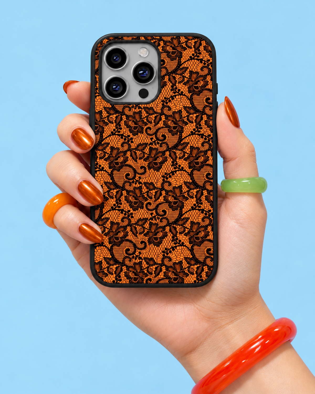 Tangerine Orange Black Lace Glass Phone Case