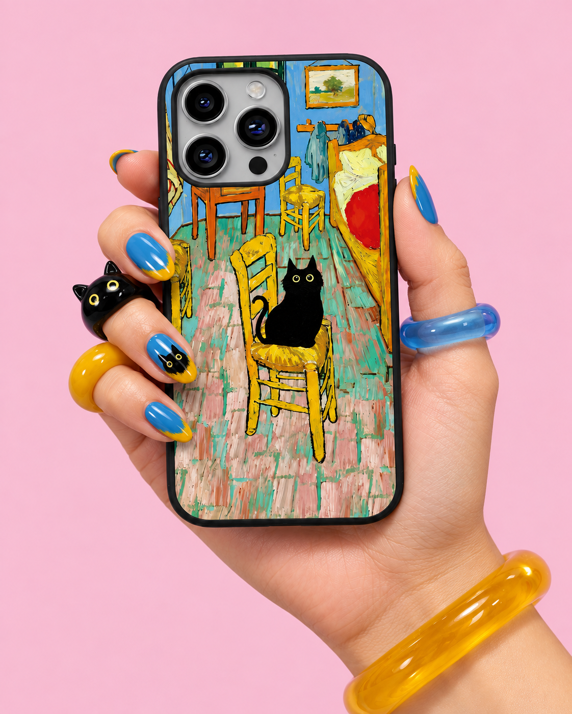 Van Gogh's Bedroom & Black Cat Glass Phone Case