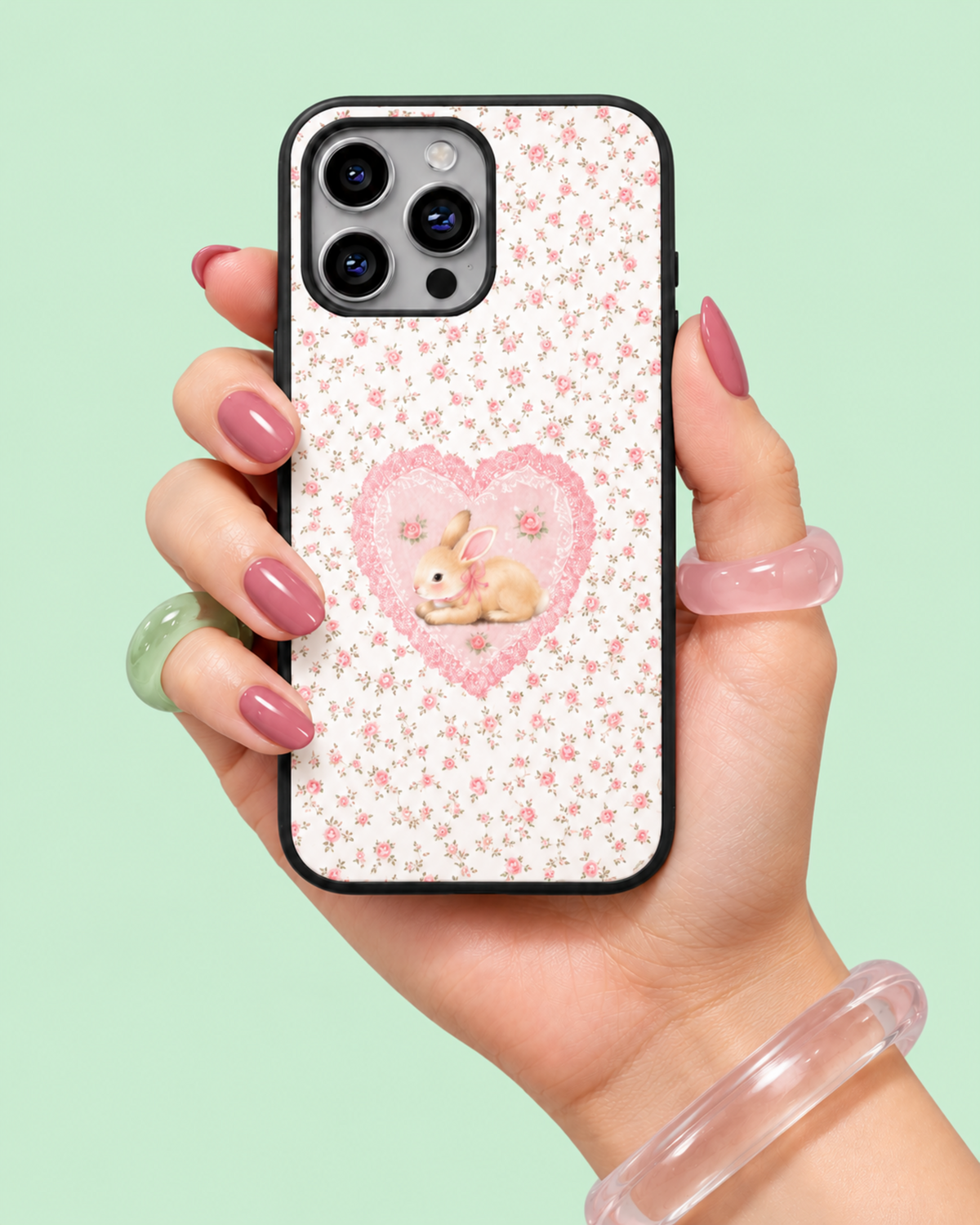 Vintage Bunny Pink Rose Lace Glass Phone Case