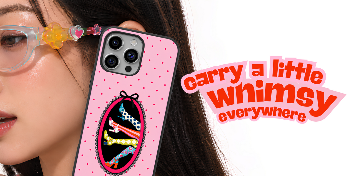 The Whimsy Lab pink polka-dot phone case editorial photograph with Carry a Little Whimsy Everywhere typography