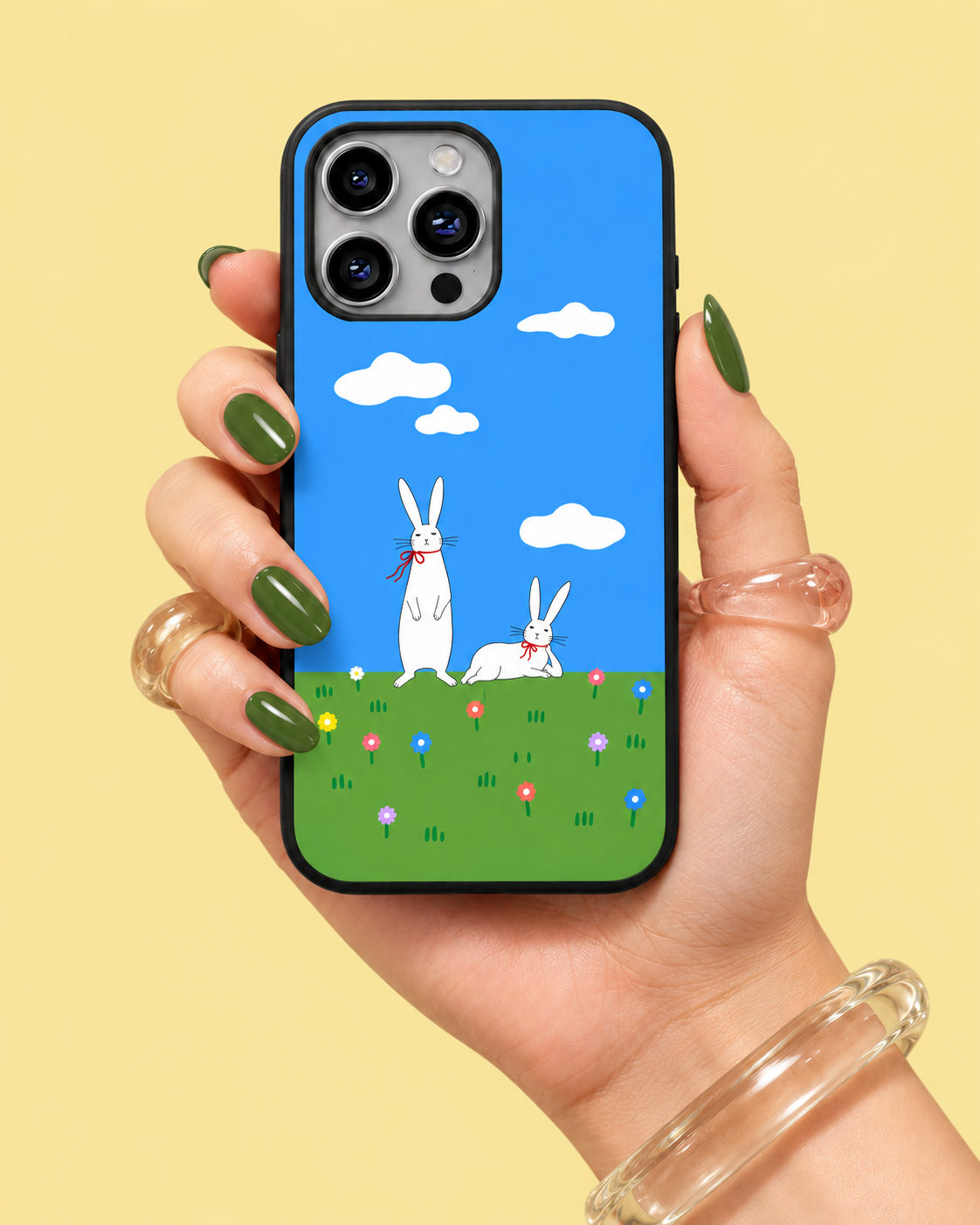 White Rabbits Flower Meadow Glass Phone Case