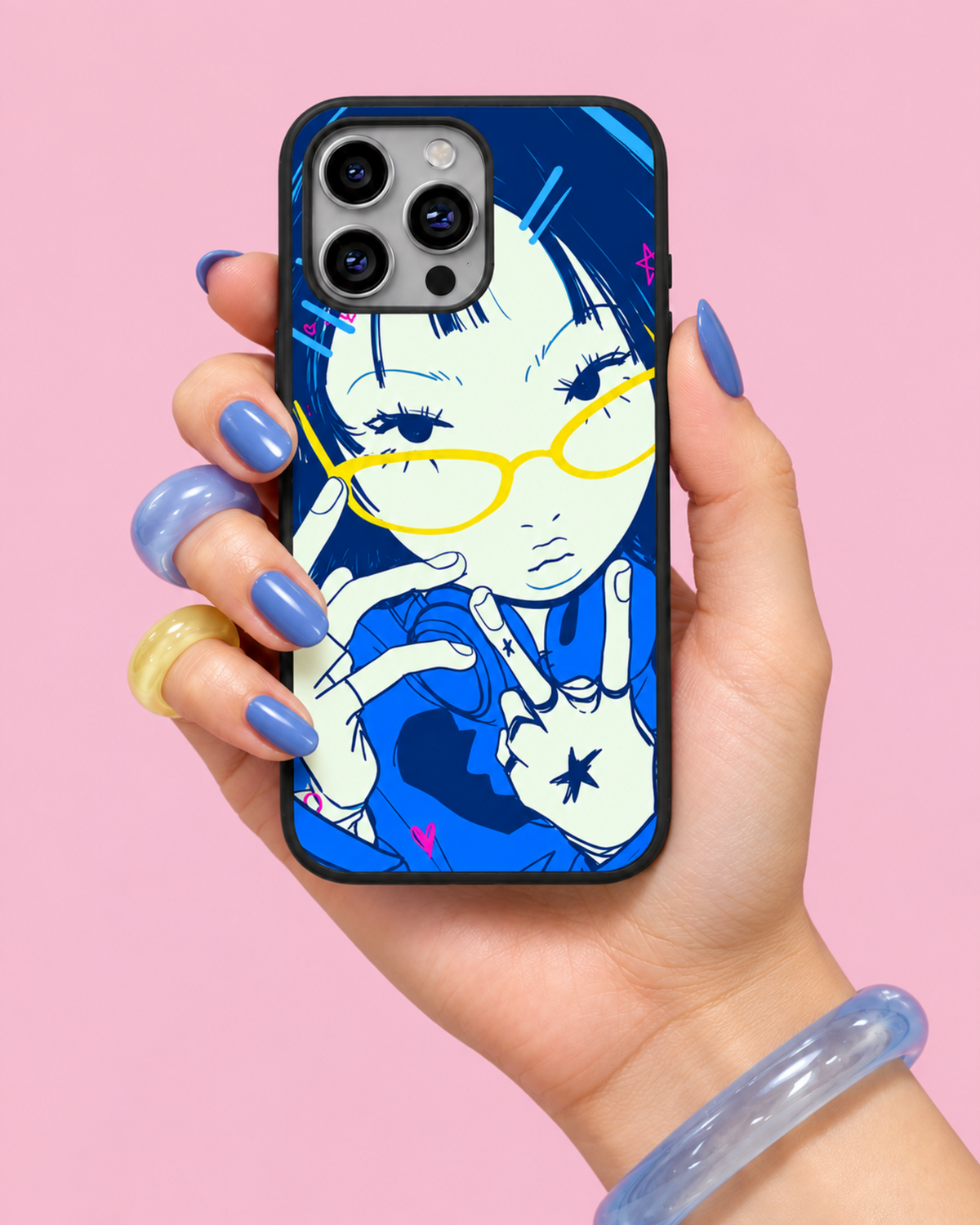 Y2k Blue Girl Illustration Glass Phone Case